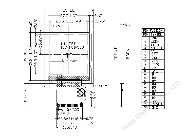 DISEA 1.44 inch TFT LCD outline drawing