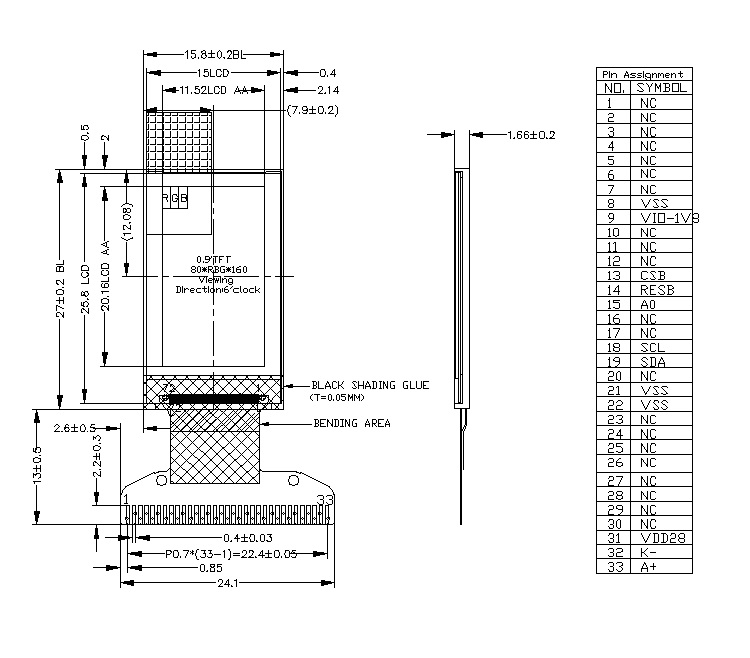 0.9 inch 80*160 lcd Outline Drawing